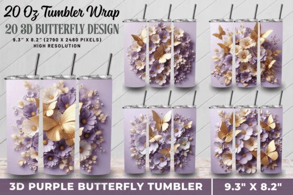 3D Butterfly 20oz Tumbler Wraps Bundle