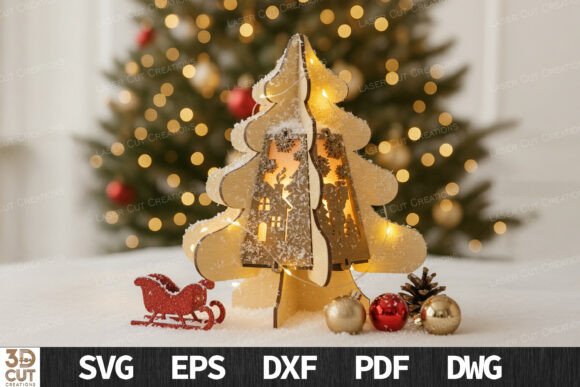 3D Christmas Tree House Lantern SVG