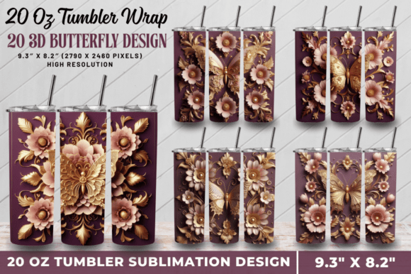 3D Purple Butterfly Tumbler Bundle Design