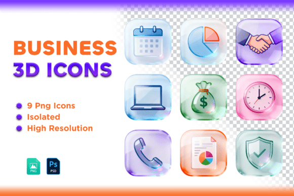 Elevate Your UI with a 3D Glass Morphism Business App Icon Set
